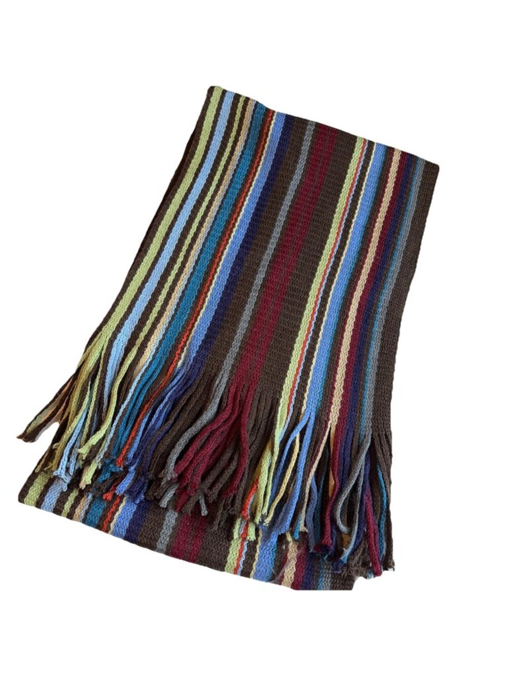 Vintage Y2K Vertical Striped Scarf Warp Knit Fringe Rainbow Colorful 10X74"